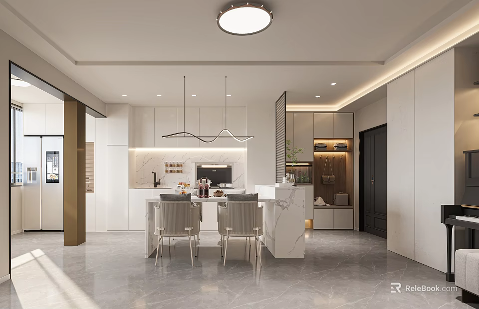 Modern Restaurant Interior Design With White Cabinets Marble Island And Hanging Lights 3d model 