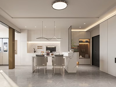 Modern Restaurant Interior Design With White Cabinets Marble Island And Hanging Lights 3d model