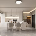Modern Restaurant Interior Design With White Cabinets Marble Island And Hanging Lights