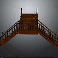 Traditional Red Wooden Staircase Structure With Symmetrical Steps And Decorative Handrails