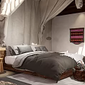 Hotel Guest Room Interior With Wooden Beams Blue White Tapestries TV Stand And Natural Light