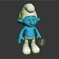 Blue Smurf Character With White Hat Yellow Flower Holding Mirror Toy Figure