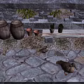 Reptile Lizard Crawling On Patterned Stone Pavement By Wooden Barrels And Potted Plants