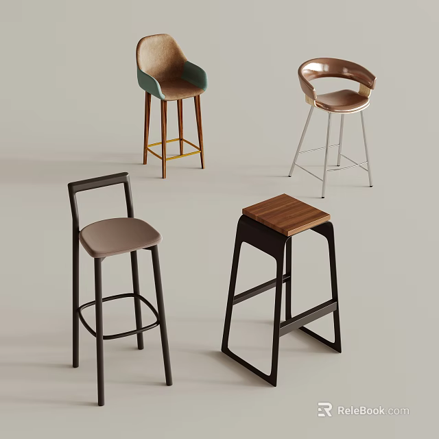 Modern Bar Stools In Various Styles With Wooden Seats And Metal Frames 3d model 