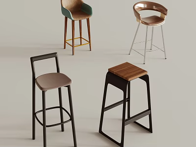 Modern Bar Stools In Various Styles With Wooden Seats And Metal Frames 3d model
