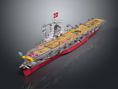 Military Aircraft Carrier With Red Hull Yellow Deck And Flag On Upper Deck 3d model Military Aircraft Carrier With Red Hull Yellow Deck And Flag On Upper Deck 3d model