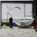 Luxurious Modern Bathroom Interior With Hanging Bathtub Palm Plant Window Blinds And Marble Floor