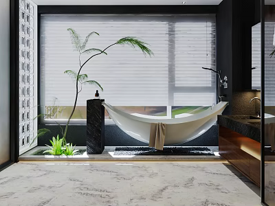 Luxurious Modern Bathroom Interior With Hanging Bathtub Palm Plant Window Blinds And Marble Floor 3d model