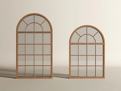 Two Arched Windows With Wooden Frames And Grid Design In Light Setting 3d model
