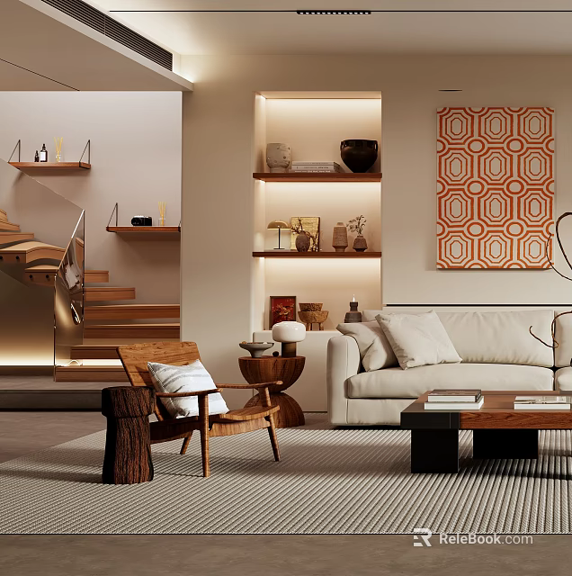 Modern Living Room Interior With Beige Sofa Wooden Armchair Geometric Wall Art And Layered Shelves 3d model 