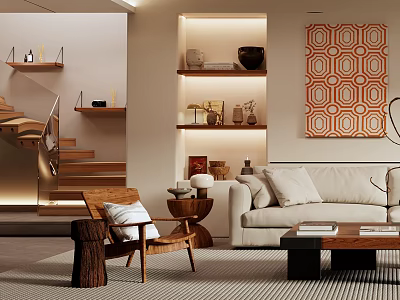 Modern Living Room Interior With Beige Sofa Wooden Armchair Geometric Wall Art And Layered Shelves 3d model