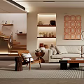 Modern Living Room Interior With Beige Sofa Wooden Armchair Geometric Wall Art And Layered Shelves