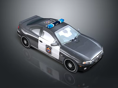 Gray Police Sedan With Blue Red Lights And Badge On Body 3d model