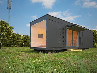 Industrial Equipment Black Modular House With Large Windows On Grassland Surrounded By Trees 3d model