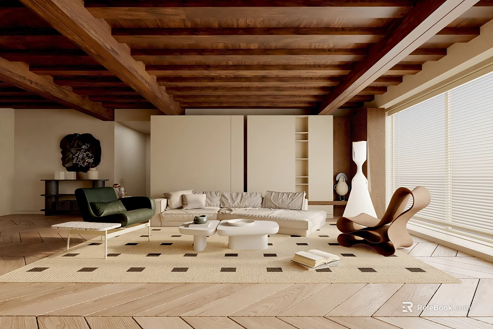 Modern Living Room Interior With Wooden Ceiling Beams Beige Sofa Green Armchair And Brown Chair 3d model 