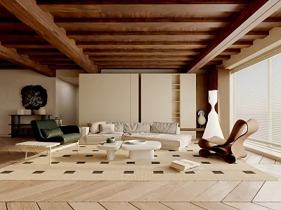Modern Living Room Interior With Wooden Ceiling Beams Beige Sofa Green Armchair And Brown Chair 3d model