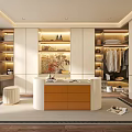 Modern Walk In Closet Interior With White Closet Doors Orange Dresser And Hanging Clothes
