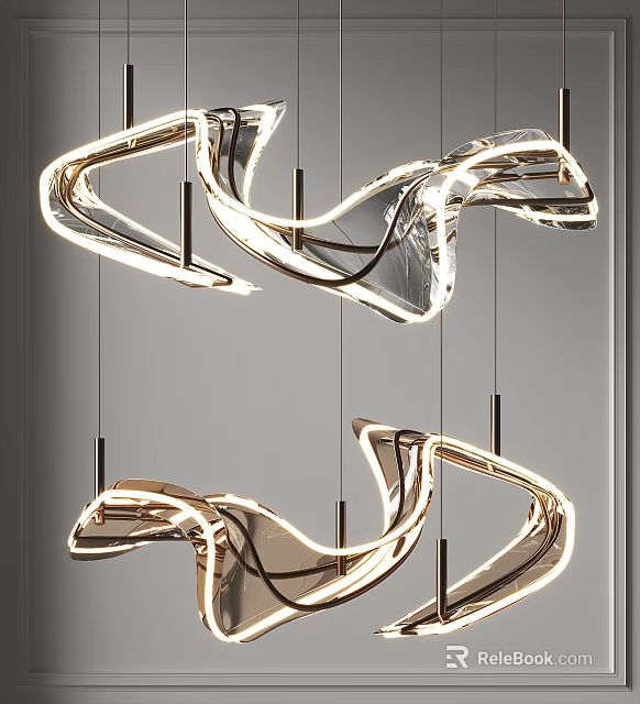 Modern Metallic Streamlined Chandelier With Curved Illuminated Sleek Design For Interiors 3d model 