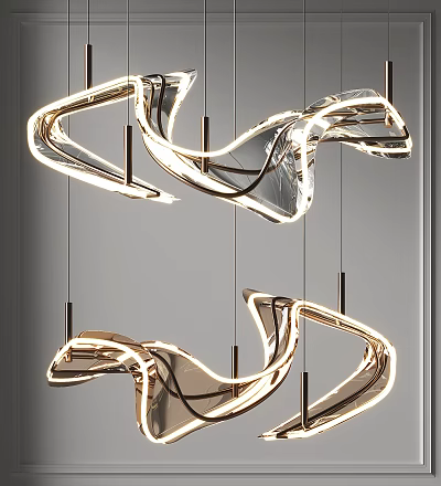 Modern Metallic Streamlined Chandelier With Curved Illuminated Sleek Design For Interiors 3d model