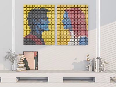 Vibrant Mosaic Portraits of Male and Female Figures on Yellow Background Decorative Wall Artwork 3d model