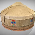 Traditional Dome Shaped Yurt Tent With Beige Fabric Colorful Embroidery Wooden Doors And Floor