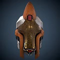 Two Sci Fi Helmets In Orange White Gray Gold With Red Indicator And Triangle Logo