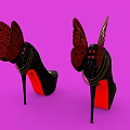 Black High Heels With Crocodile Texture Butterfly Wing Decorations Red Heels And Purple Background