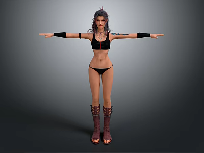 Woman In Black Bikini With Tattoos And Black Arm Bands Wearing Brown Tall Boots 3d model