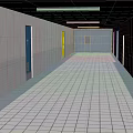 Long Corridor Interior With White Tiled Floor Gray Walls And Colored Doors