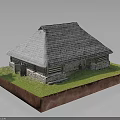 Traditional Wooden House With Gray Tile Roof Stone Walls Green Grass And Red Base Design