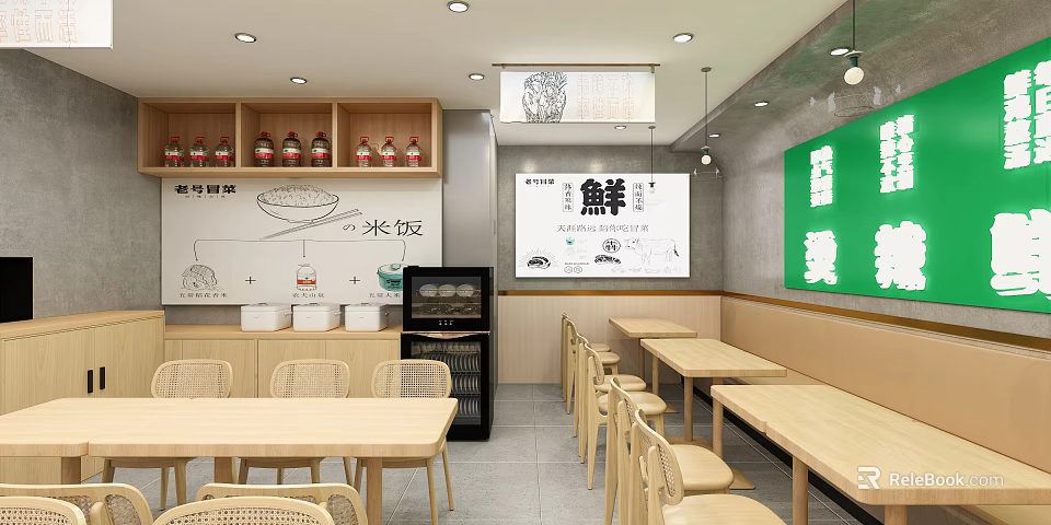 Minimalist Restaurant With Wooden Tables Green Wall Decor White Screen Menu And Bottled Drinks Shelf 3d model 