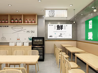 Minimalist Restaurant With Wooden Tables Green Wall Decor White Screen Menu And Bottled Drinks Shelf 3d model