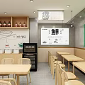 Minimalist Restaurant With Wooden Tables Green Wall Decor White Screen Menu And Bottled Drinks Shelf