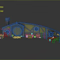 Hobbit Cottage with Yellow Exterior Round Door Stone Walls Chimney and Decorative Flags Tables Benches