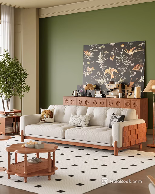 Light Beige Three Seater Sofa With Woven Armrests Green Wall Decorative Painting And Potted Plant 3d model 