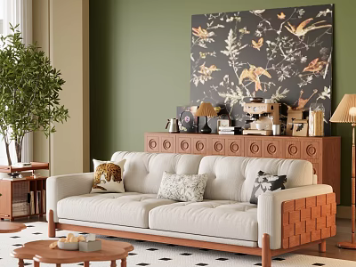 Light Beige Three Seater Sofa With Woven Armrests Green Wall Decorative Painting And Potted Plant 3d model