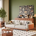Light Beige Three Seater Sofa With Woven Armrests Green Wall Decorative Painting And Potted Plant