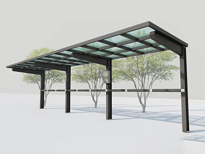 Modern Glass Roof Canopy with Metal Frame and Trees in Outdoor Area 3d model