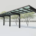 Modern Glass Roof Canopy with Metal Frame and Trees in Outdoor Area