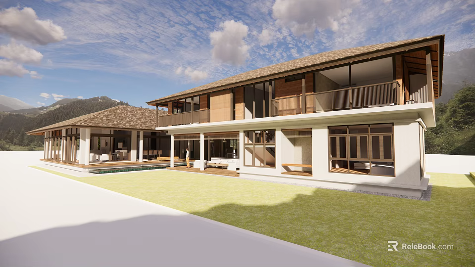 Modern Two Story House Exterior With Swimming Pool Lawn And Glass Windows 3d model 