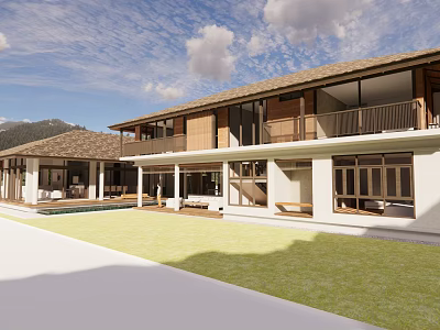 Modern Two Story House Exterior With Swimming Pool Lawn And Glass Windows 3d model