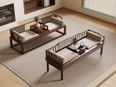 Traditional Chinese Interior With Wooden Daybeds Light Cushions Tea Tables And Vases 3d model