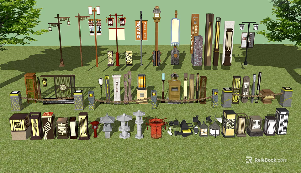 Assorted Outdoor Lights With Various Styles And Decorative Designs For Gardens 3d model 