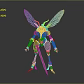 Mechanical Insect Character With Blue Wings Yellow Metallic Body And Sword Standing On Reflective Ground