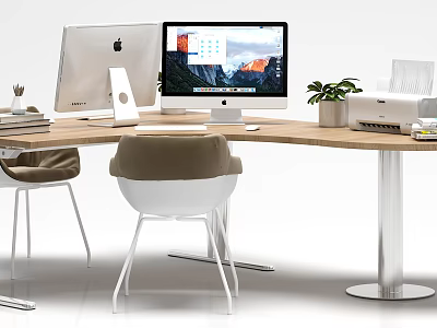 Modern Wooden Office Desk With Metal Frame Dual Monitors Printer Plant And Chairs 3d model