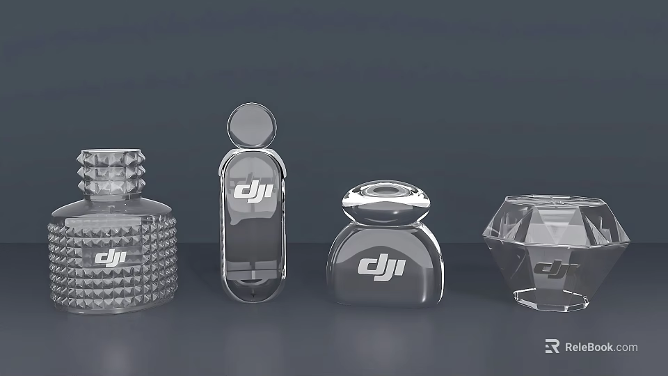 Transparent DJI Logo Cups With Various Shiny Designs On Gray Background 3d model 