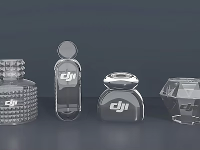 Transparent DJI Logo Cups With Various Shiny Designs On Gray Background 3d model