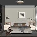 Modern Bedroom Interior Featuring Upholstered Bed Nightstands Round Ceiling Light Wall Art And Area Rug