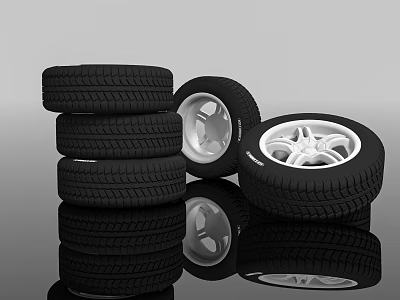 Stacked Tires And Tires With Rims Display On Reflective Surface 3d model