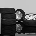 Stacked Tires And Tires With Rims Display On Reflective Surface 3d model